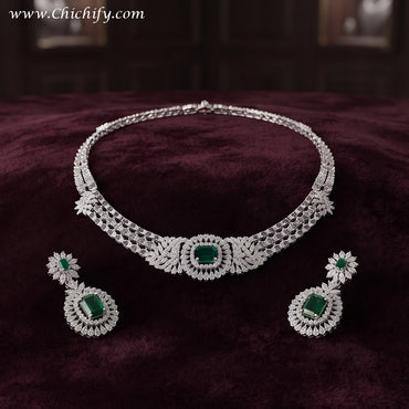 Emerald Green American Diamond Leaf Necklace Set