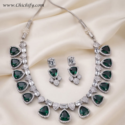 Emerald Green American Diamond Teardrop Necklace Set