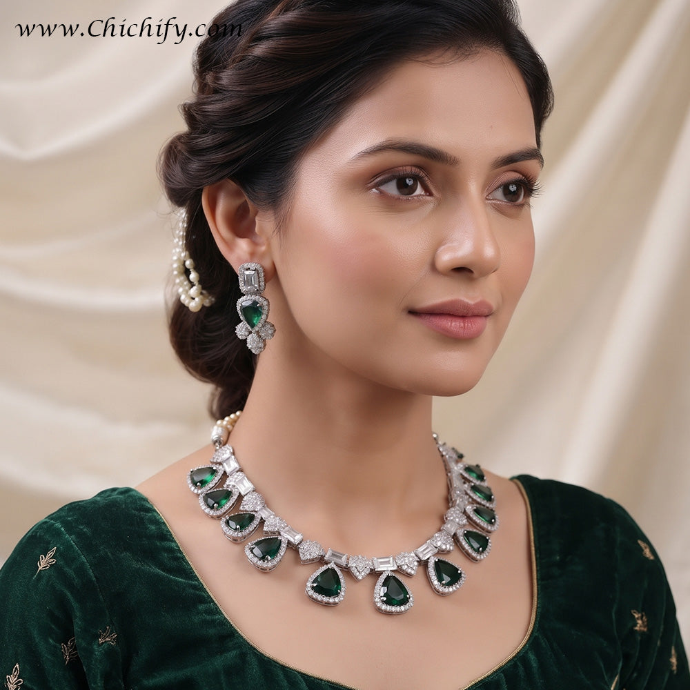 Emerald Green American Diamond Teardrop Necklace Set