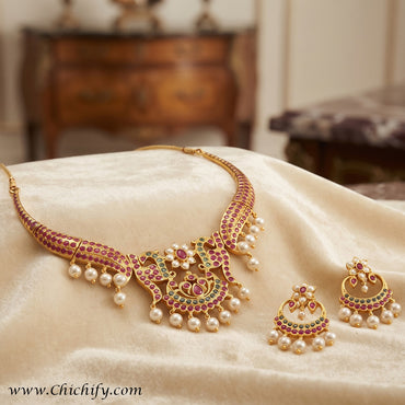 South Indian Ruby Kemp Stone Bridal Necklace Set
