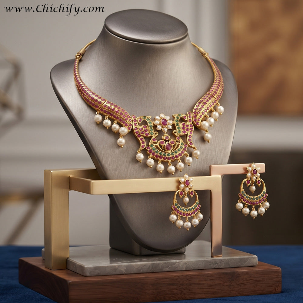 South Indian Ruby Kemp Stone Bridal Necklace Set