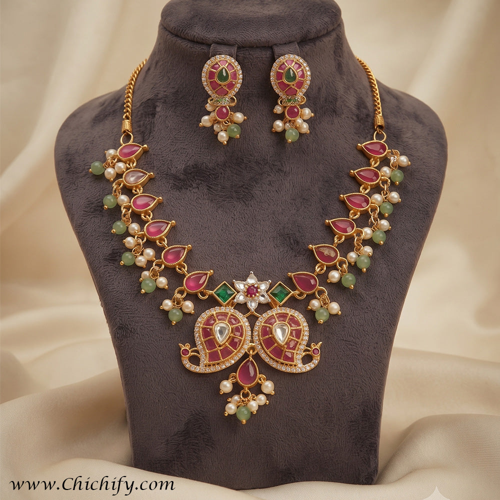 Royal Multicolor Kemp American Diamond Necklace Set