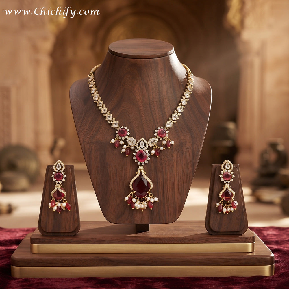Ruby Red American Diamond Pearl Drop Necklace Set