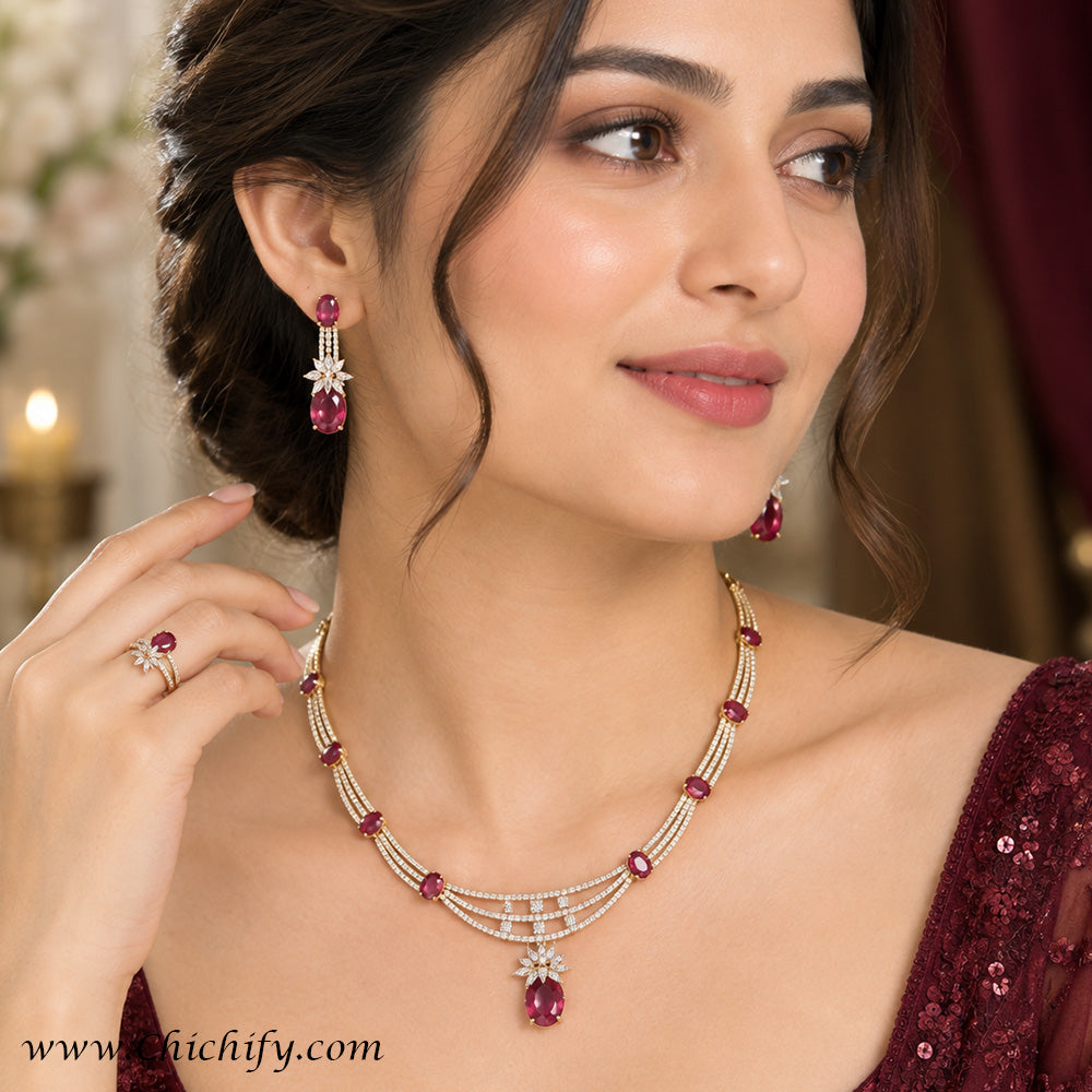 Ruby Pink American Diamond Multi-Strand Necklace Set