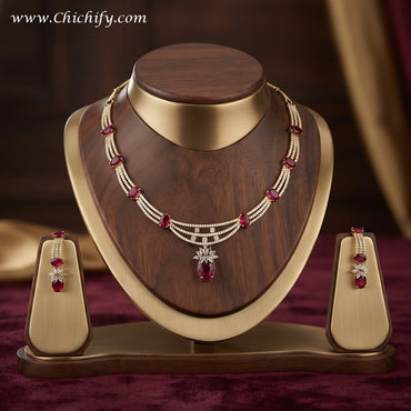 Ruby Pink American Diamond Multi-Strand Necklace Set