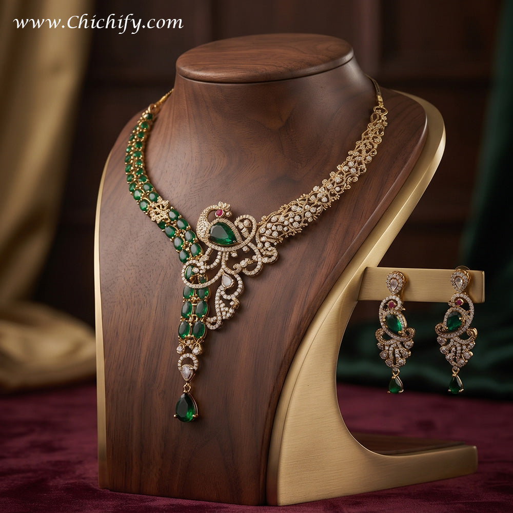 Emerald Green American Diamond Bridal Necklace Set