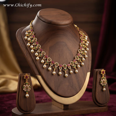 Antique South Indian Ruby & Emerald AD Necklace Set