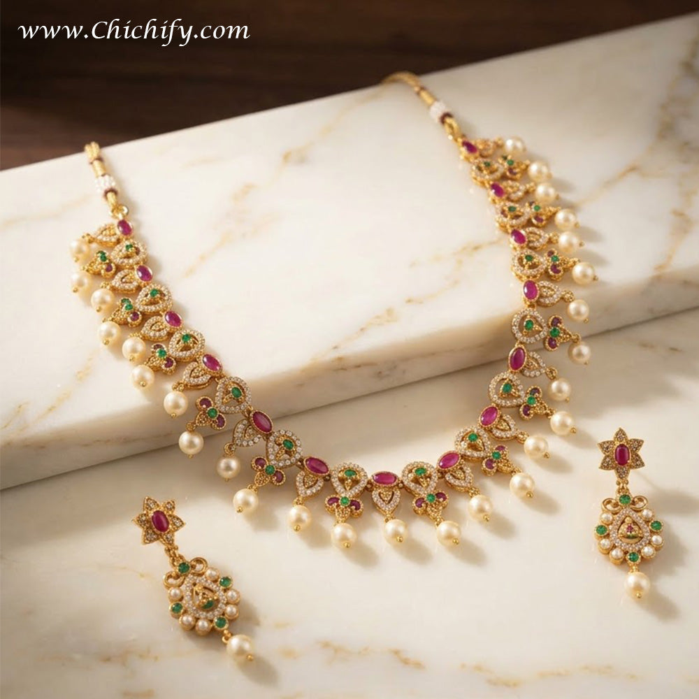 Antique South Indian Ruby & Emerald AD Necklace Set