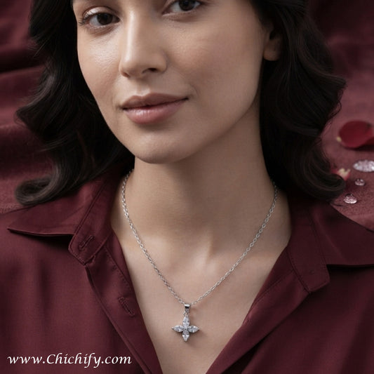 Silver Crystal Cross Bloom Anti-Tarnish Pendant Necklace