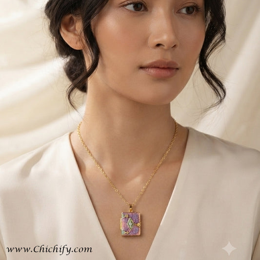 Stainless Steel Lavender Mosaic Anti-Tarnish Pendant Necklace