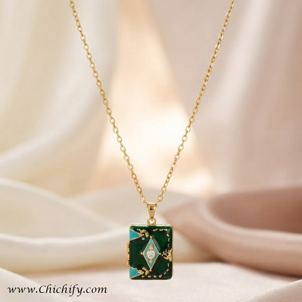 Emerald Green Vintage Book Pendant – Stainless Steel Anti-Tarnish Necklace