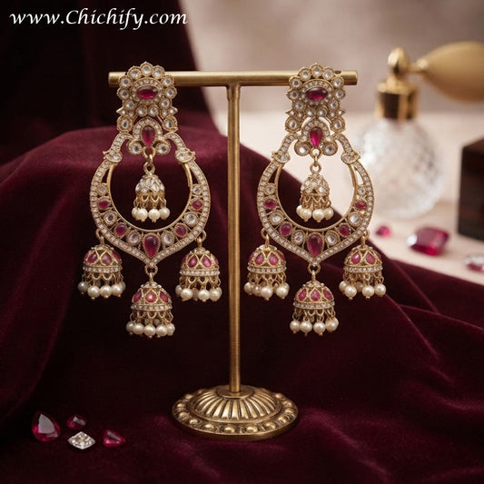 Ruby Jadau Pearl Cascade American Diamond Earrings