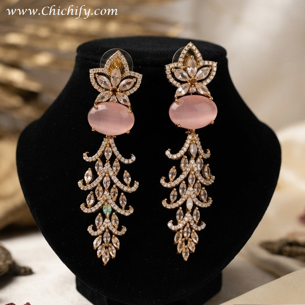 Pink Opal Floral Cascade American Diamond Earrings
