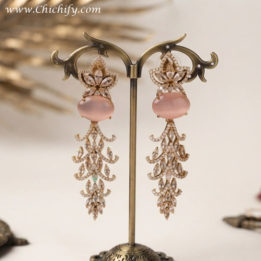 Pink Opal Floral Cascade American Diamond Earrings