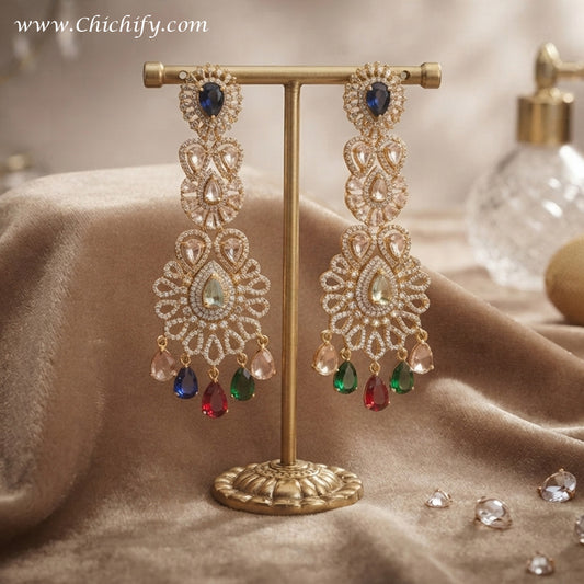 Royal Multicolor Floral Cascade American Diamond Earrings