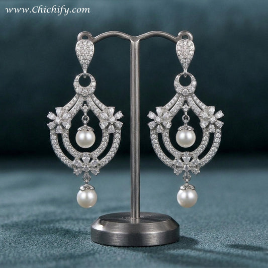 Silver Drop Pearl American Diamond White Earring
