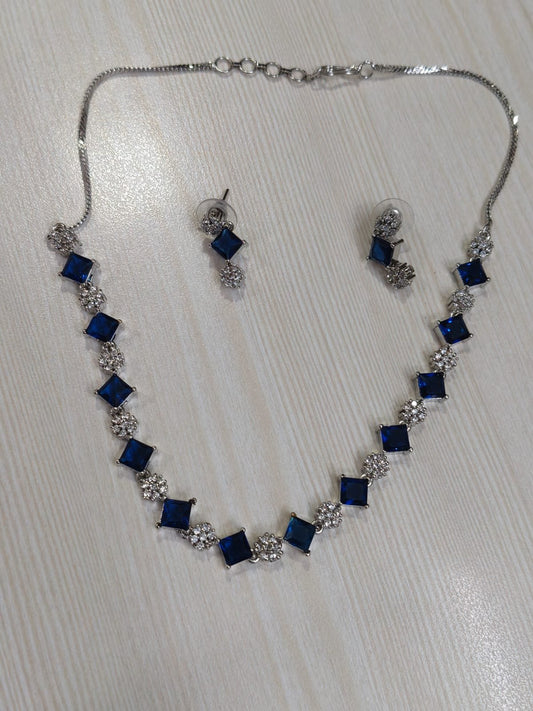 Blue Color AD Necklace Square Shape