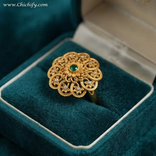 Rajwadha Emerald Bloom Statement Ring