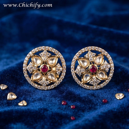 Rajwadha Ruby Kundan Floral Stud Earrings