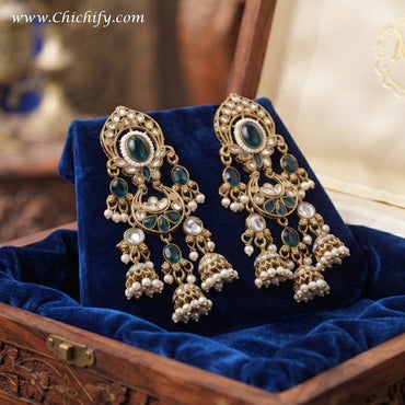 Royal Peacock Blue Kundan Chandbali Jhumka Earrings