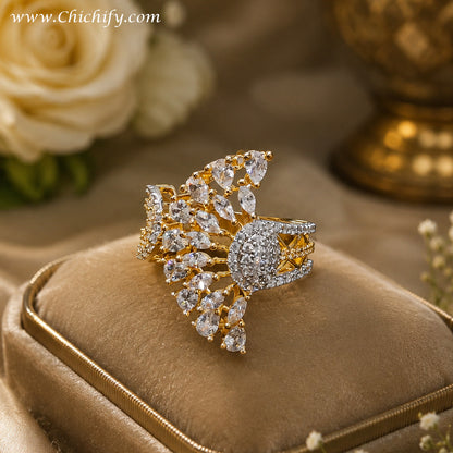 Golden Royal Bloom Cocktail Ring – Luxurious Adjustable Statement Ring for Women