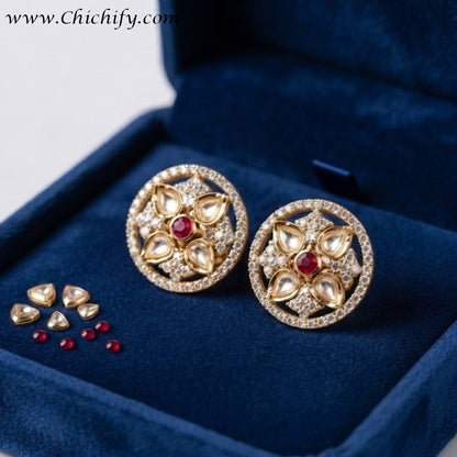Rajwadha Ruby Kundan Floral Stud Earrings