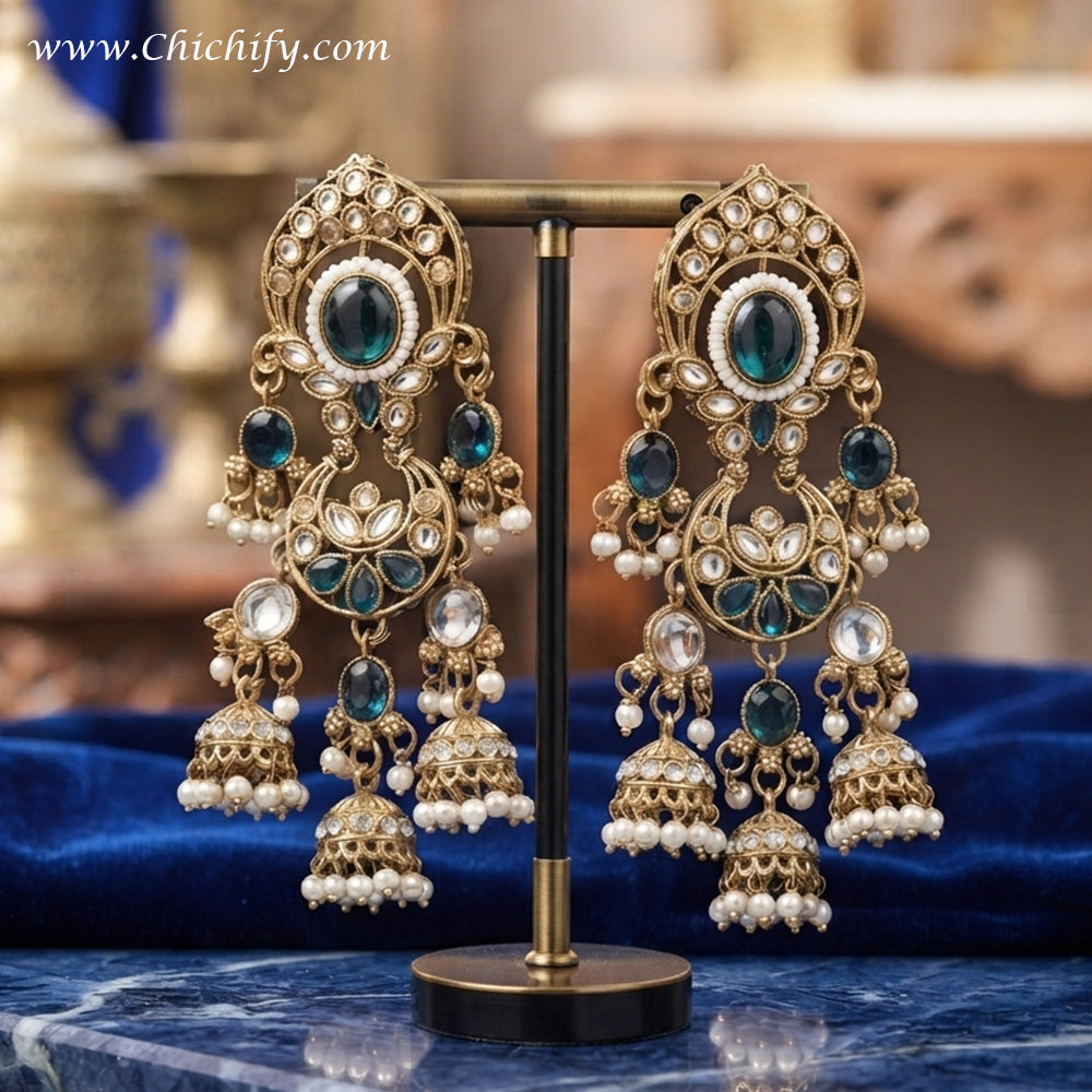 Royal Peacock Blue Kundan Chandbali Jhumka Earrings