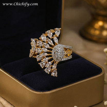 Golden Royal Bloom Cocktail Ring – Luxurious Adjustable Statement Ring for Women