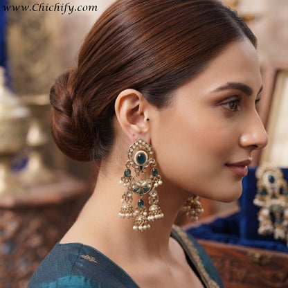 Royal Peacock Blue Kundan Chandbali Jhumka Earrings