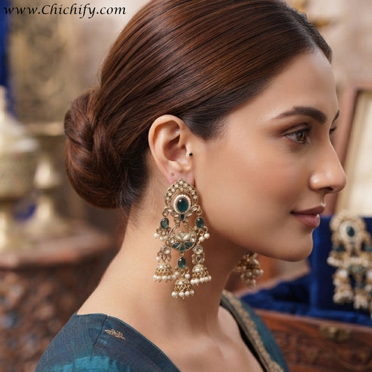 Royal Peacock Blue Kundan Chandbali Jhumka Earrings