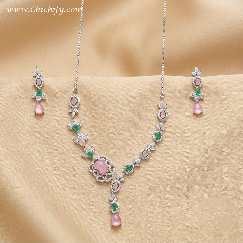 Designer Floral Pink Crystal Necklace Set