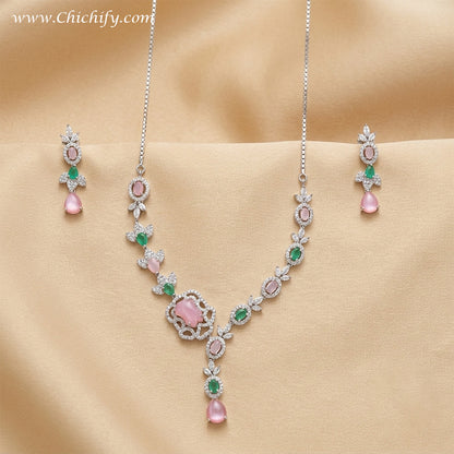 Designer Floral Pink Crystal Necklace Set