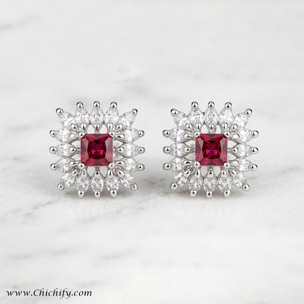 Chichify Ruby Radiance Floral Stud Earrings