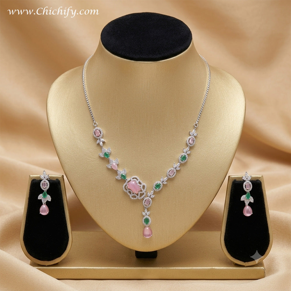 Designer Floral Pink Crystal Necklace Set