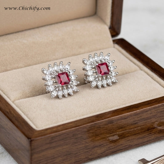 Chichify Ruby Radiance Floral Stud Earrings