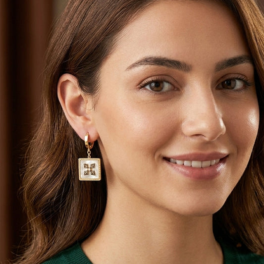 Elegant Mother-of-Pearl Square Logo Hoop Earrings – Inspired Designer Style