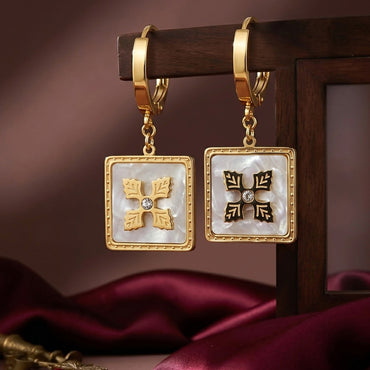 Elegant Mother-of-Pearl Square Logo Hoop Earrings – Inspired Designer Style