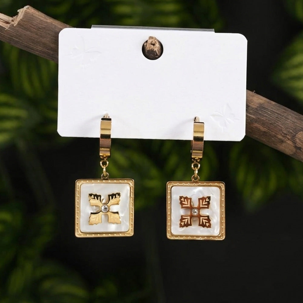 Elegant Mother-of-Pearl Square Logo Hoop Earrings – Inspired Designer Style
