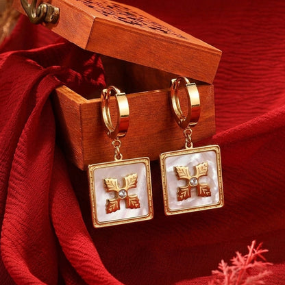 Elegant Mother-of-Pearl Square Logo Hoop Earrings – Inspired Designer Style