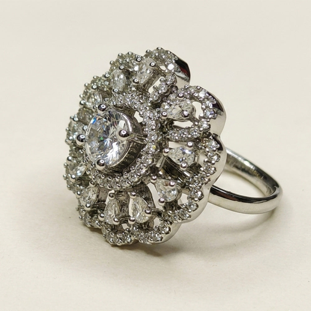 Chichify Royal Blossom Halo Statement Ring – Silver Tone CZ Cocktail Ring for Women