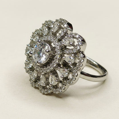 Chichify Royal Blossom Halo Statement Ring – Silver Tone CZ Cocktail Ring for Women