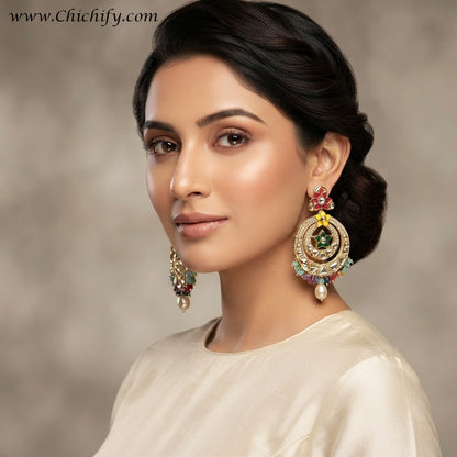 Rajwadha Navrang Kundan Chandbali Earrings