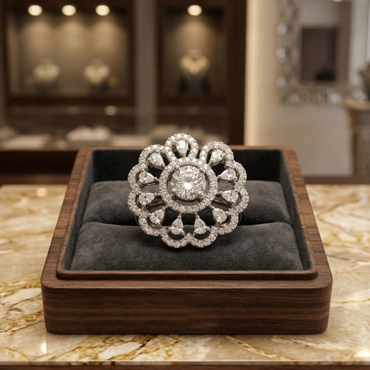 Chichify Royal Blossom Halo Statement Ring – Silver Tone CZ Cocktail Ring for Women