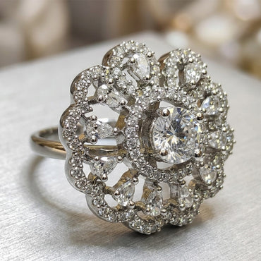 Chichify Royal Blossom Halo Statement Ring – Silver Tone CZ Cocktail Ring for Women