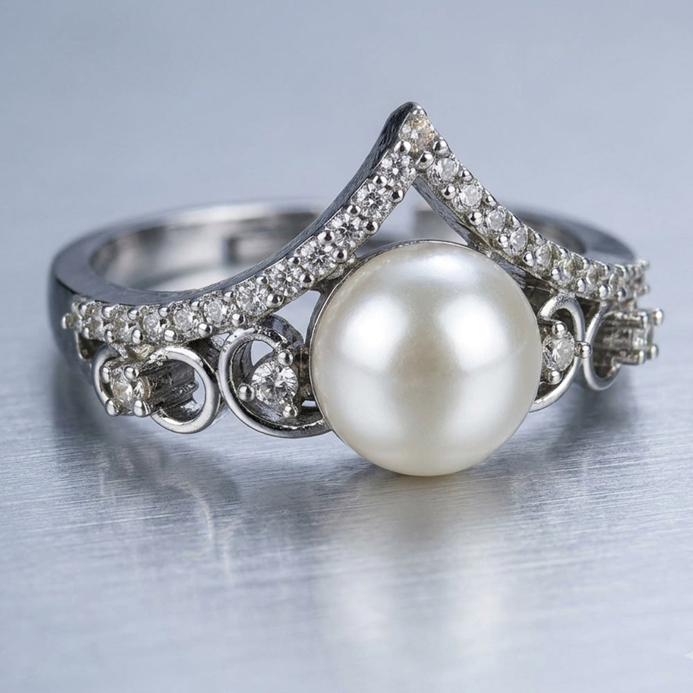 Chichify Pearl Grace Crown Ring – Silver Tone Pearl & CZ Statement Ring for Women