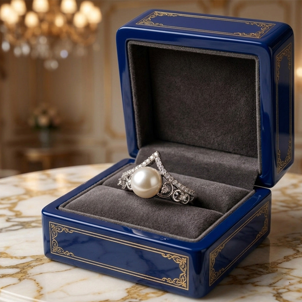 Chichify Pearl Grace Crown Ring – Silver Tone Pearl & CZ Statement Ring for Women