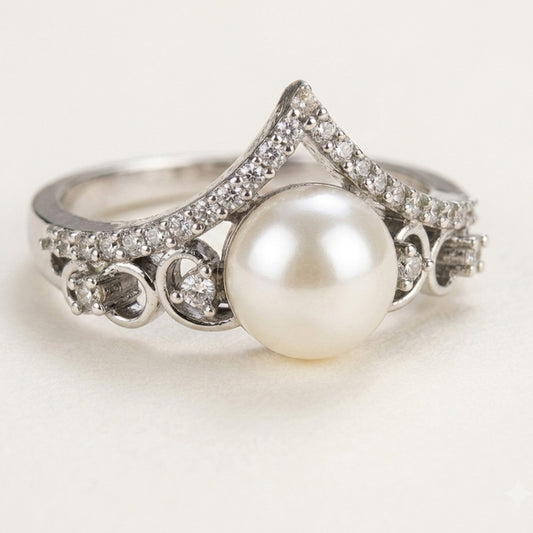 Chichify Pearl Grace Crown Ring – Silver Tone Pearl & CZ Statement Ring for Women