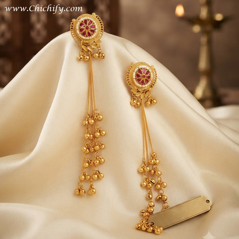 Kashmiri Ruby Long Tassel Earrings
