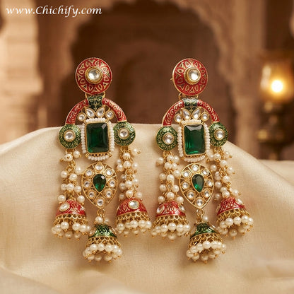 Rajwadha Emerald Meenakari Jhumka Earrings