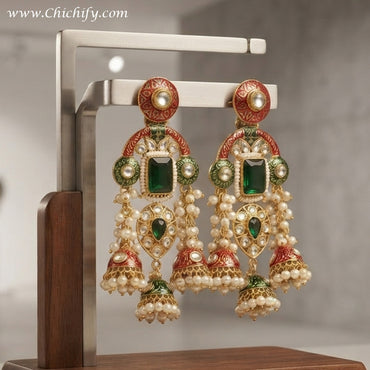 Rajwadha Emerald Meenakari Jhumka Earrings